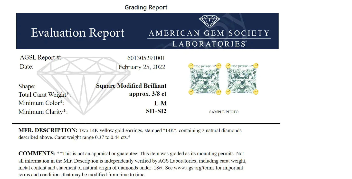 AGS-zertifizierte Solitär-Ohrstecker mit 4-zackigem Diamant im Prinzessschliff, eckig, aus 14 Karat Gelbgold (Farbe LM, Reinheit SI1-SI2)