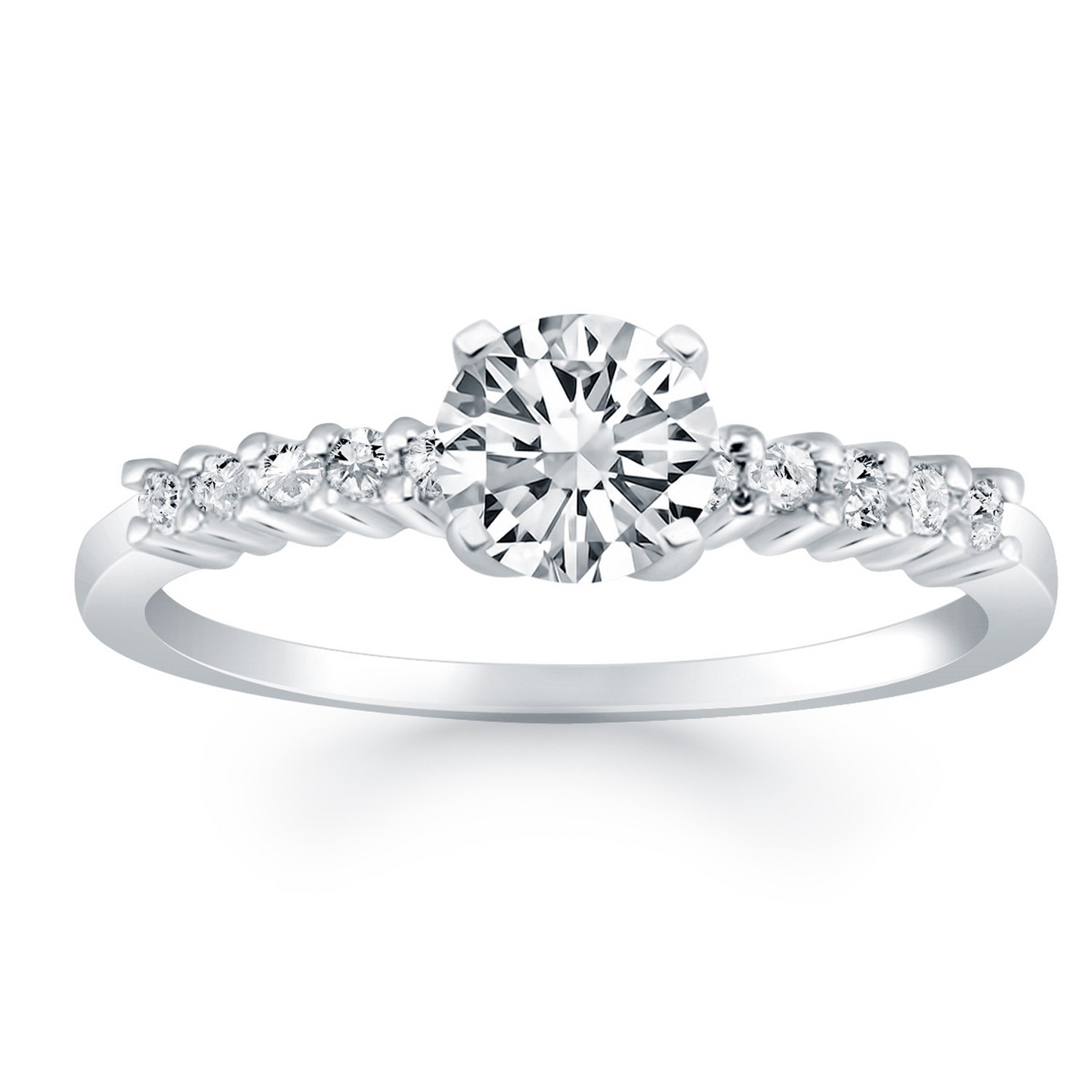 14k White Gold Shared Prong Accent Diamond Engagement Ring - Elegant and Sparkling