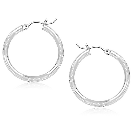 14k White Gold Diamond Cut Hoop Earrings (25 mm) - Elegant Jewelry