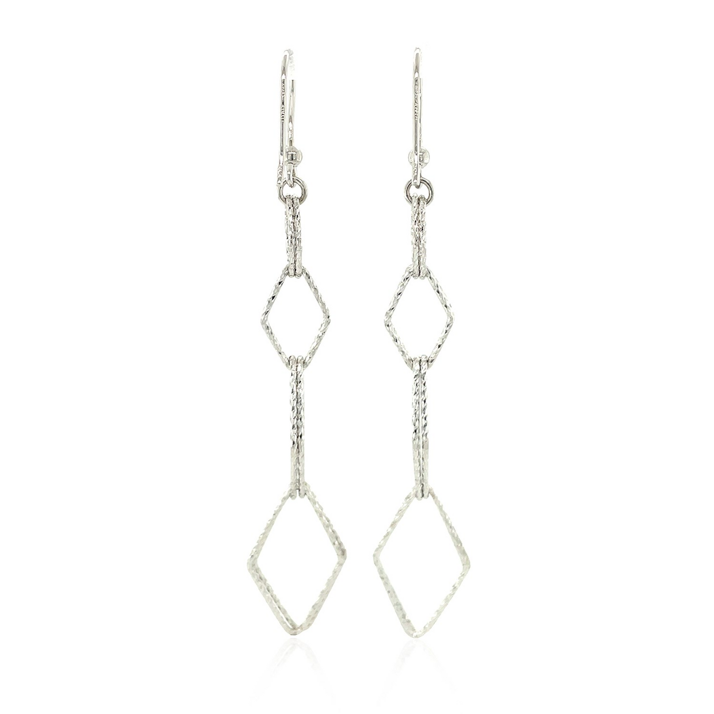 Sterling Silver Textured Interlocking Diamond Motif Dangle Earrings - Modern Geometric Flair