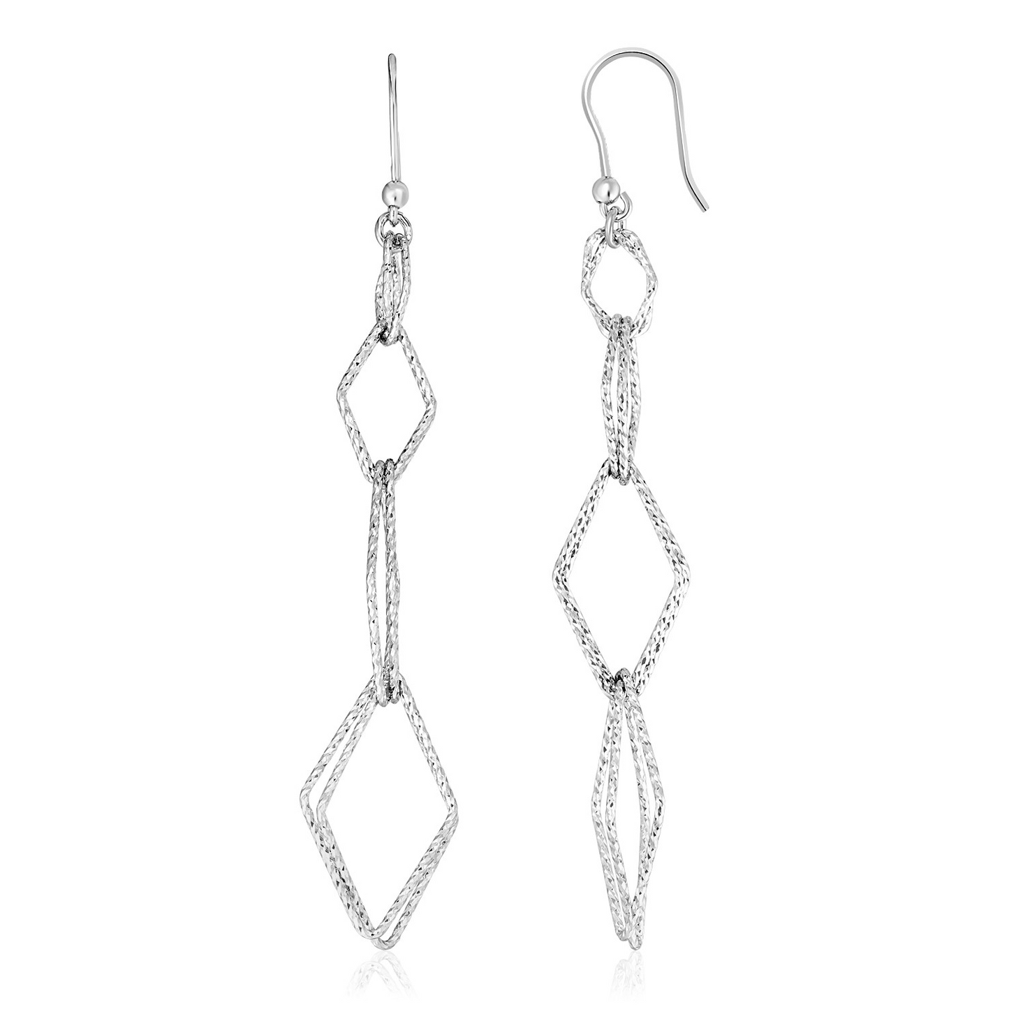 Sterling Silver Textured Interlocking Diamond Motif Dangle Earrings - Modern Geometric Flair