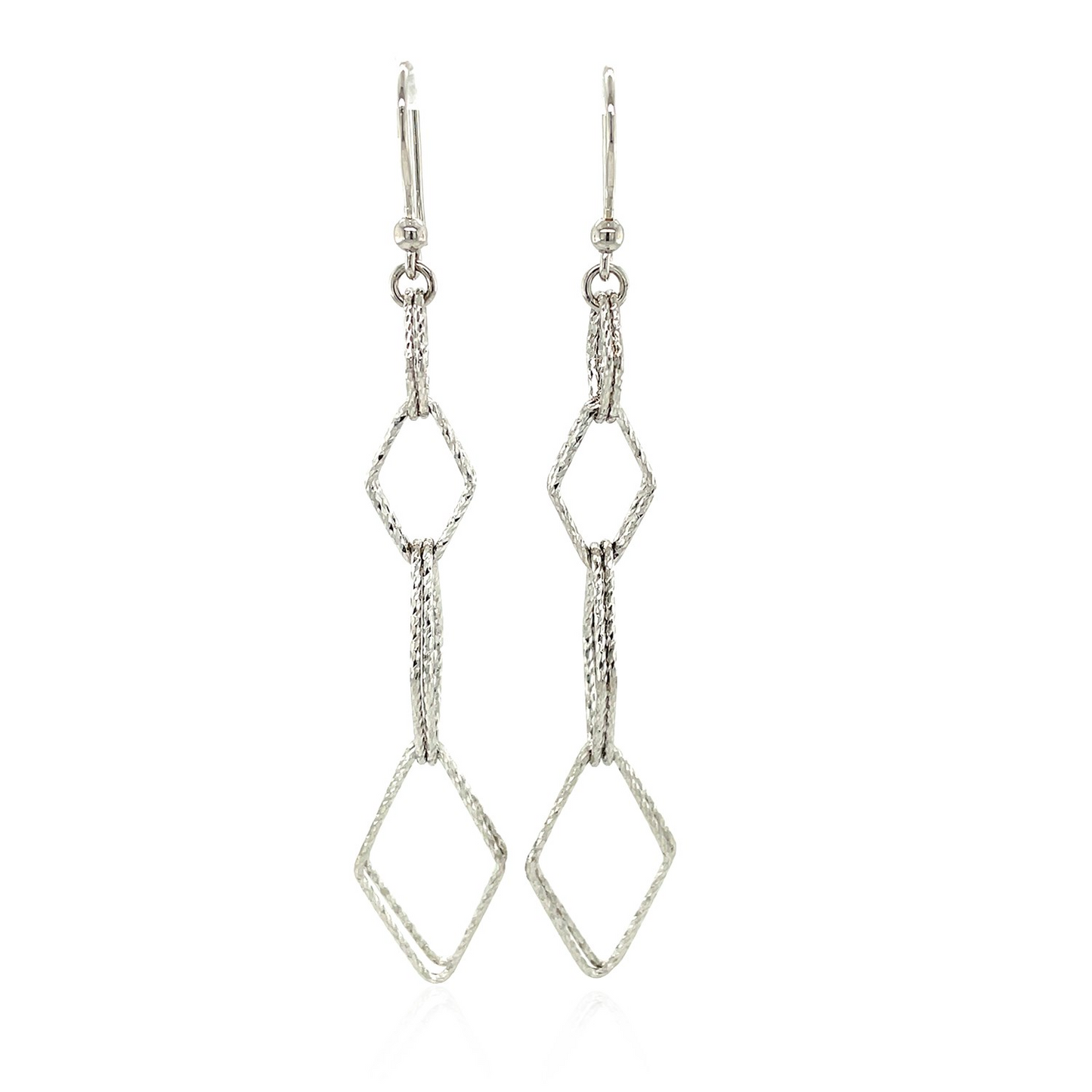 Sterling Silver Textured Interlocking Diamond Motif Dangle Earrings - Modern Geometric Flair