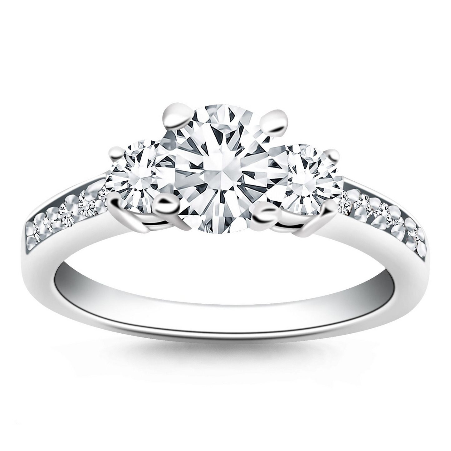 14k White Gold Three Stone Engagement Ring with Diamond Band | Sparkling 1/2 Carat Round Cut Diamond