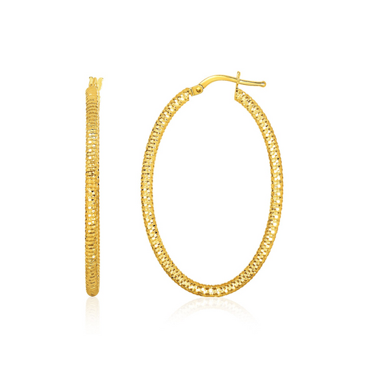 14k Yellow Gold Textured Oval Hoop Earrings - Elegant and Eye-Catching