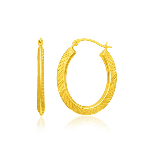 14k Yellow Gold Oval Line Texture Hoop Earrings - Shop Now at Our Store