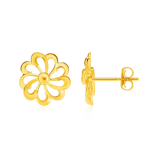 14k Yellow Gold Post Earrings with Flowers - Elegant and Delicate Floral Design