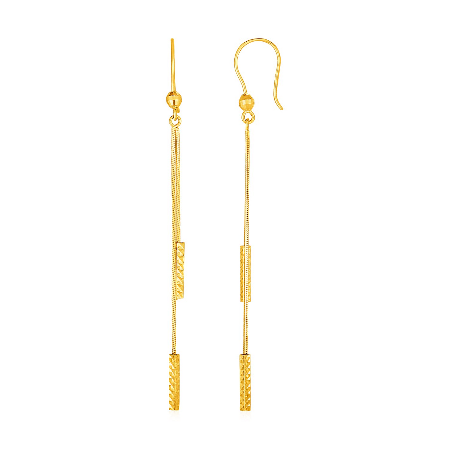 Textured Bar Long Drop Earrings in 14k Yellow Gold | Elegant and Stylish