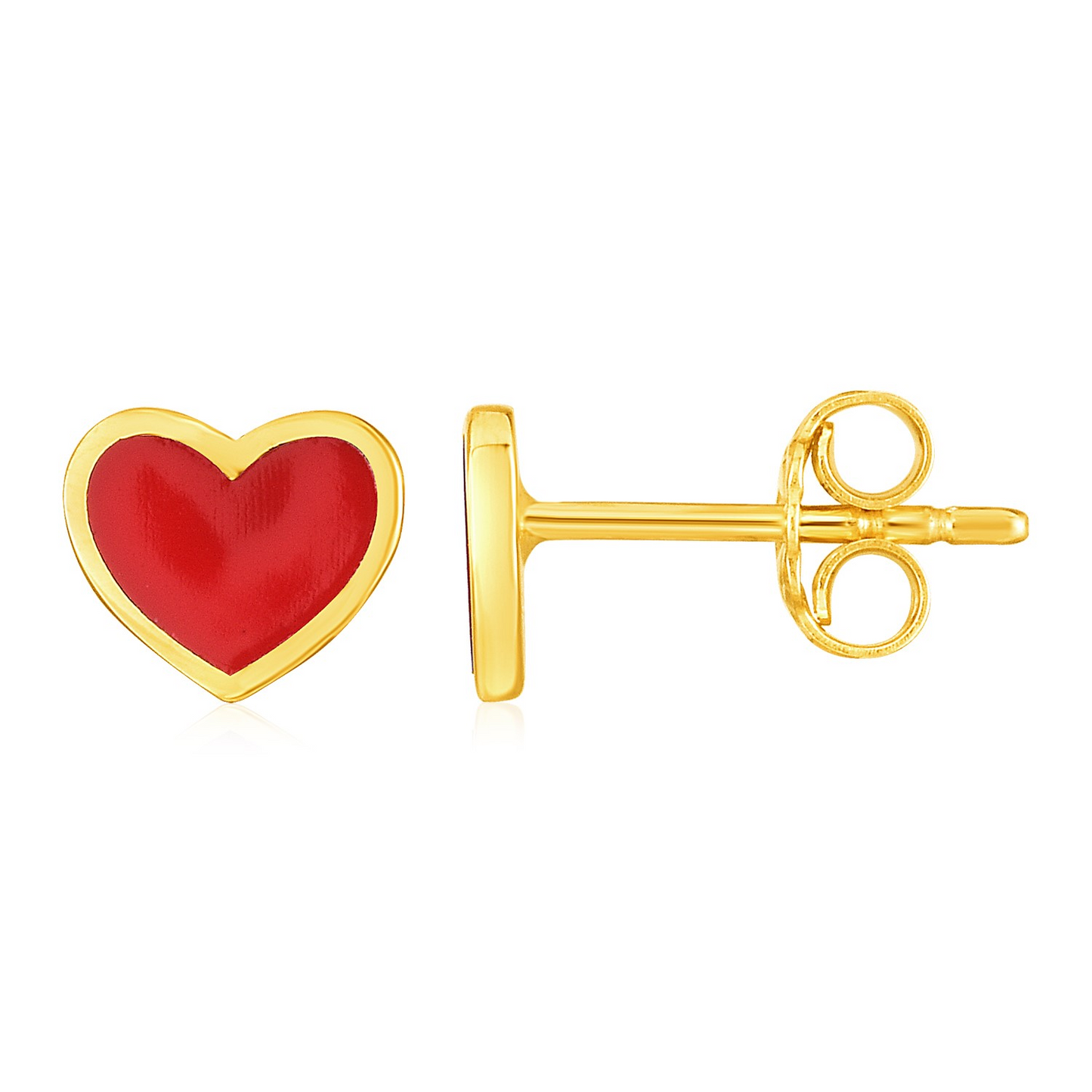 14k Yellow Gold and Enamel Red Heart Stud Earrings - Elegant and Timeless