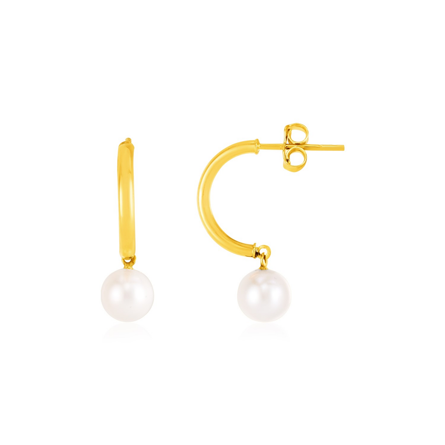 14k Yellow Gold Half Hoop Earrings with Pearls - Elegant and Timeless