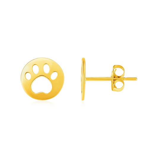 14k Yellow Gold Post Earrings with Paw Prints - Animal Lover Jewelry