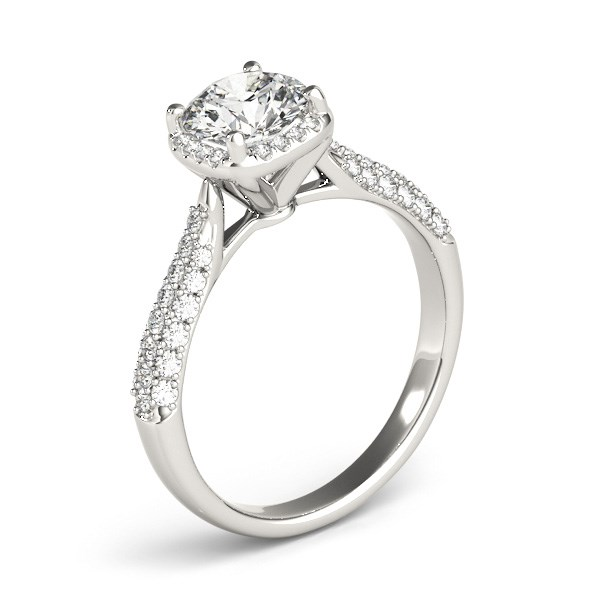 14k White Gold Halo Graduated Pave Shank Diamond Engagement Ring