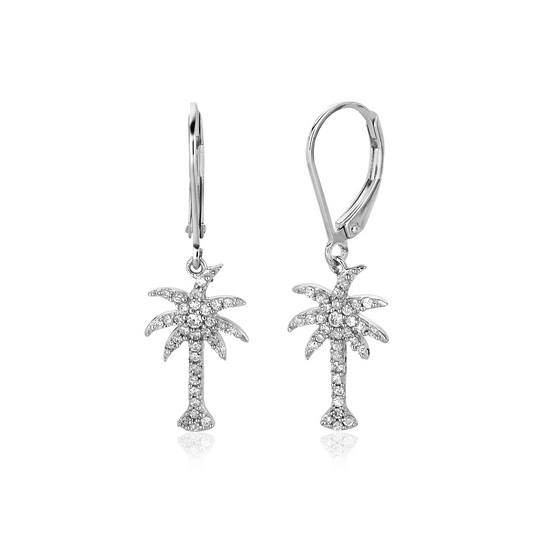 Sterling Silver Palm Tree Dangle Earrings with Cubic Zirconias - Ocean-inspired Shimmer