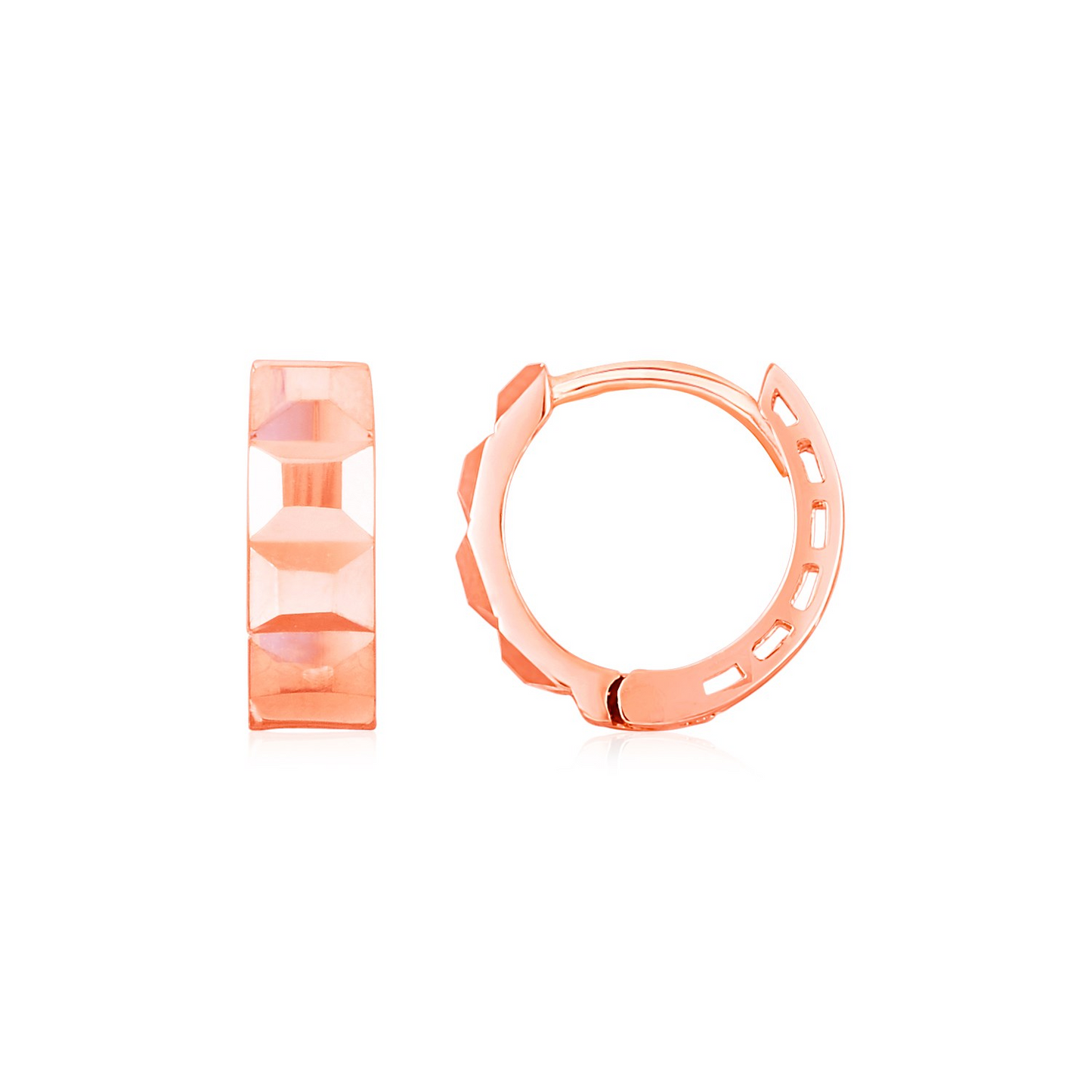 14K Rose Gold Square Motif Faceted Huggie Earrings - Elegant and Timeless Jewelry