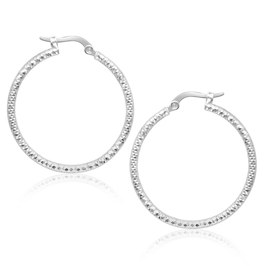 14k White Gold Tube Textured Round Hoop Earrings - Elegant and Captivating