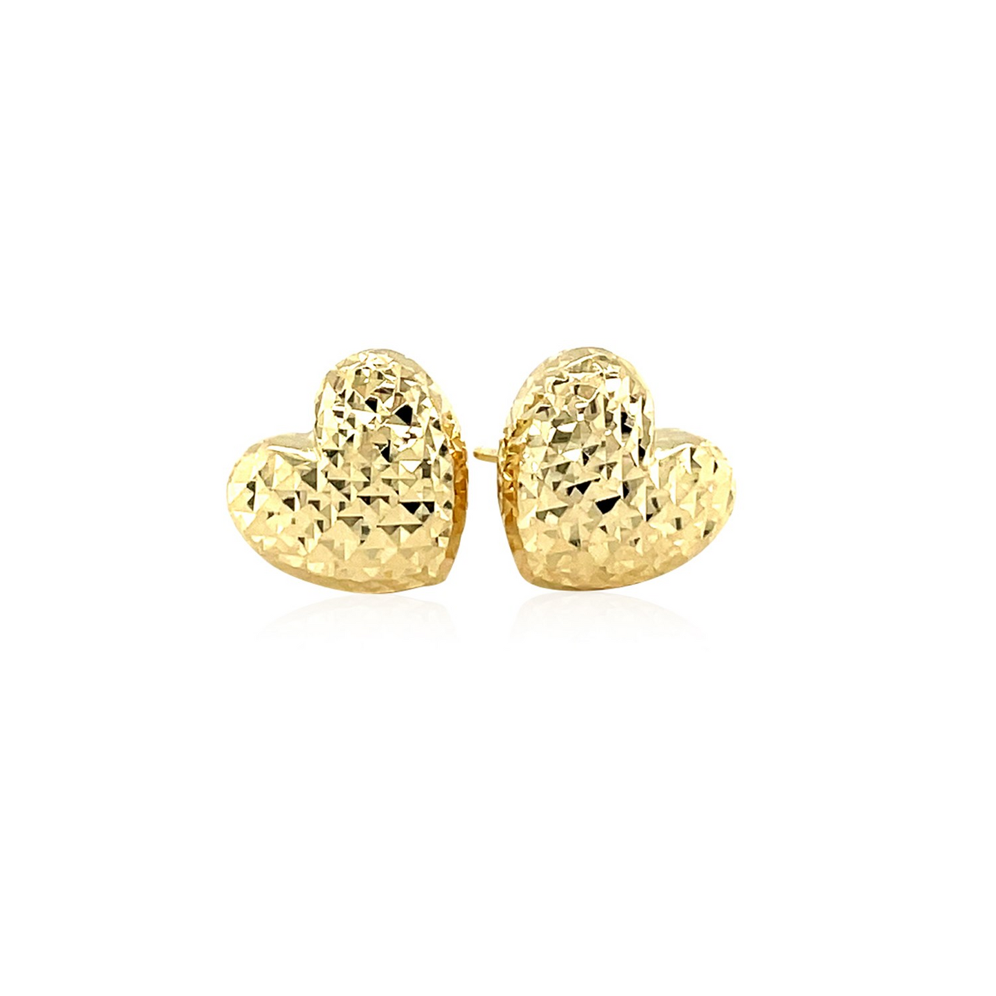 14k Yellow Gold Puffed Heart Earrings with Diamond Cuts - Charming Style and Exquisite Craftsmanship