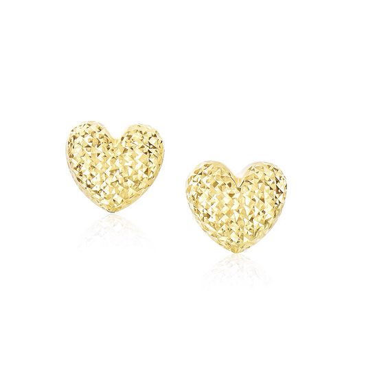 14k Yellow Gold Puffed Heart Earrings with Diamond Cuts - Charming Style and Exquisite Craftsmanship