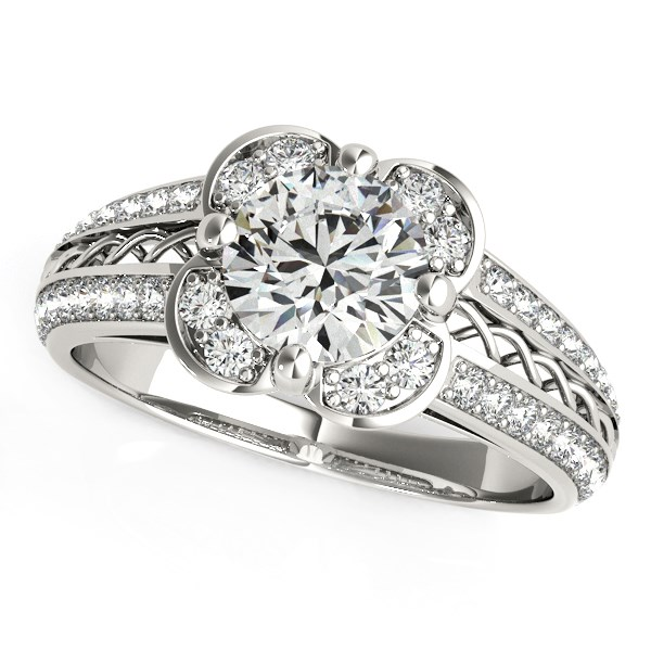 Round Diamond Floral Motif Engagement Ring in 14k White Gold (1 3/8 cttw) - Elegant and Exquisite