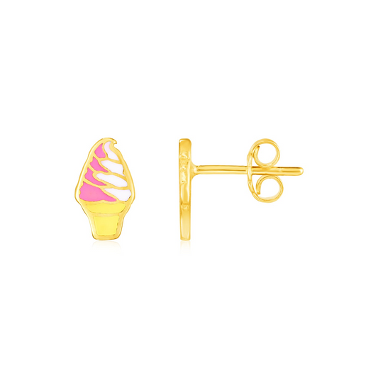 14k Yellow Gold and Enamel Ice Cream Cone Stud Earrings | Exquisite Summer Memories