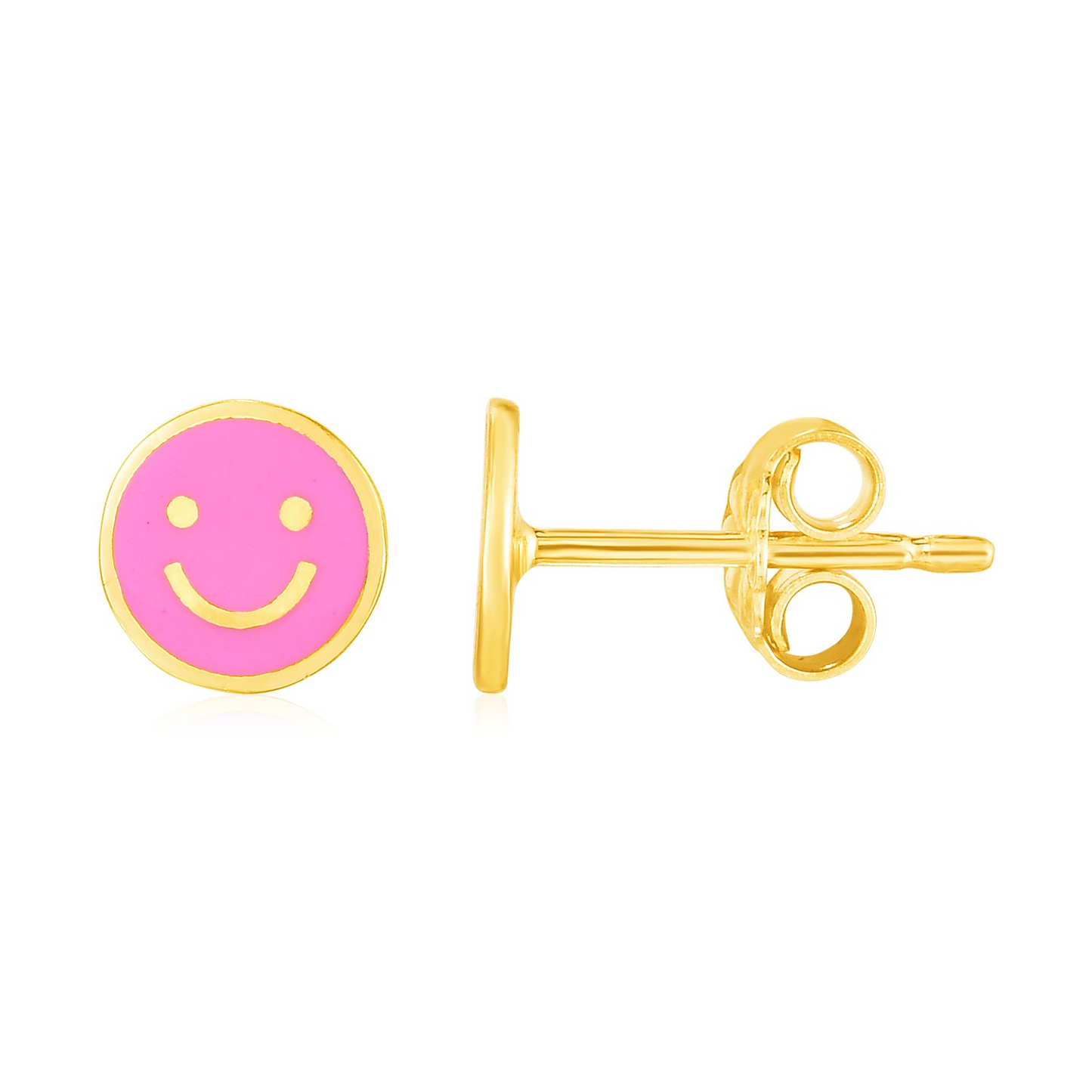 14k Yellow Gold and Enamel Pink Smiley Face Stud Earrings - Sweet and Stylish