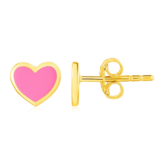 14k Yellow Gold and Enamel Pink Heart Stud Earrings - Classic and Elegant