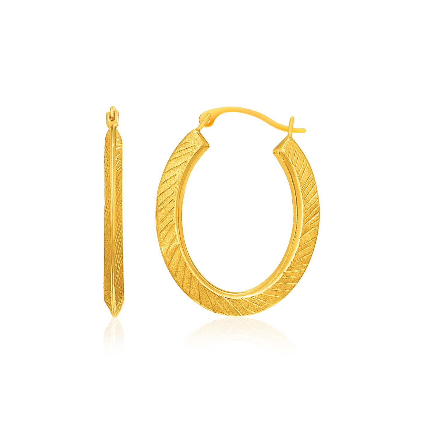 10k Yellow Gold Oval Line Texture Hoop Earrings - Elegant and Versatile