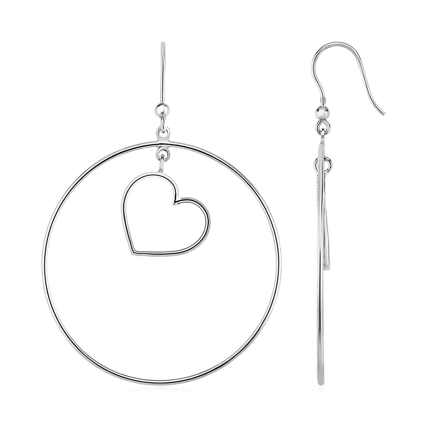 Earrings with Polished Circle and Heart Drops in Sterling Silver - Elegant and Timeless