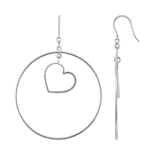 Earrings with Polished Circle and Heart Drops in Sterling Silver - Elegant and Timeless