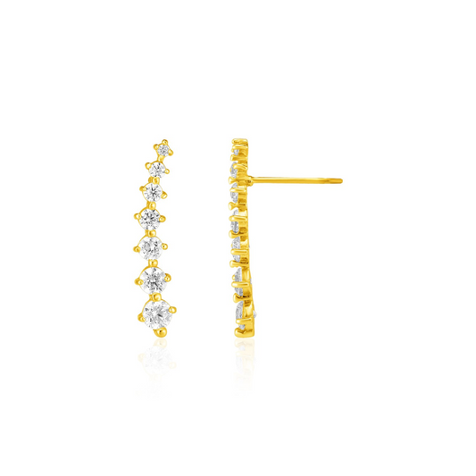 14k Yellow Gold Climber Post Earrings with Cubic Zirconias - Elegant and Sparkling Jewelry