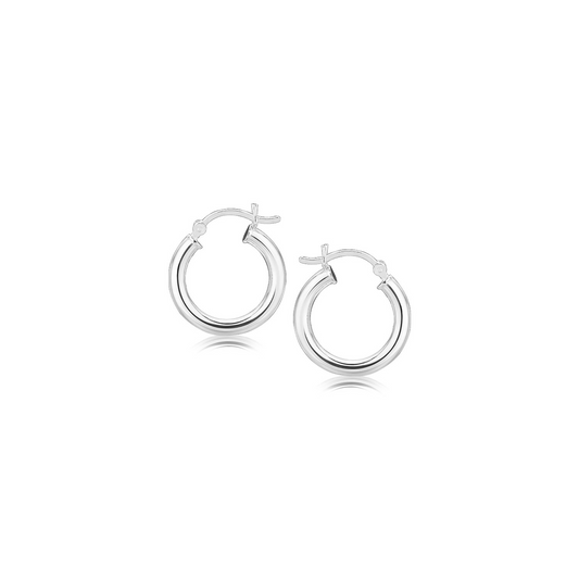 Sterling Silver Polished Hoop Earrings with Rhodium Plating (15mm) - Elegant and Versatile