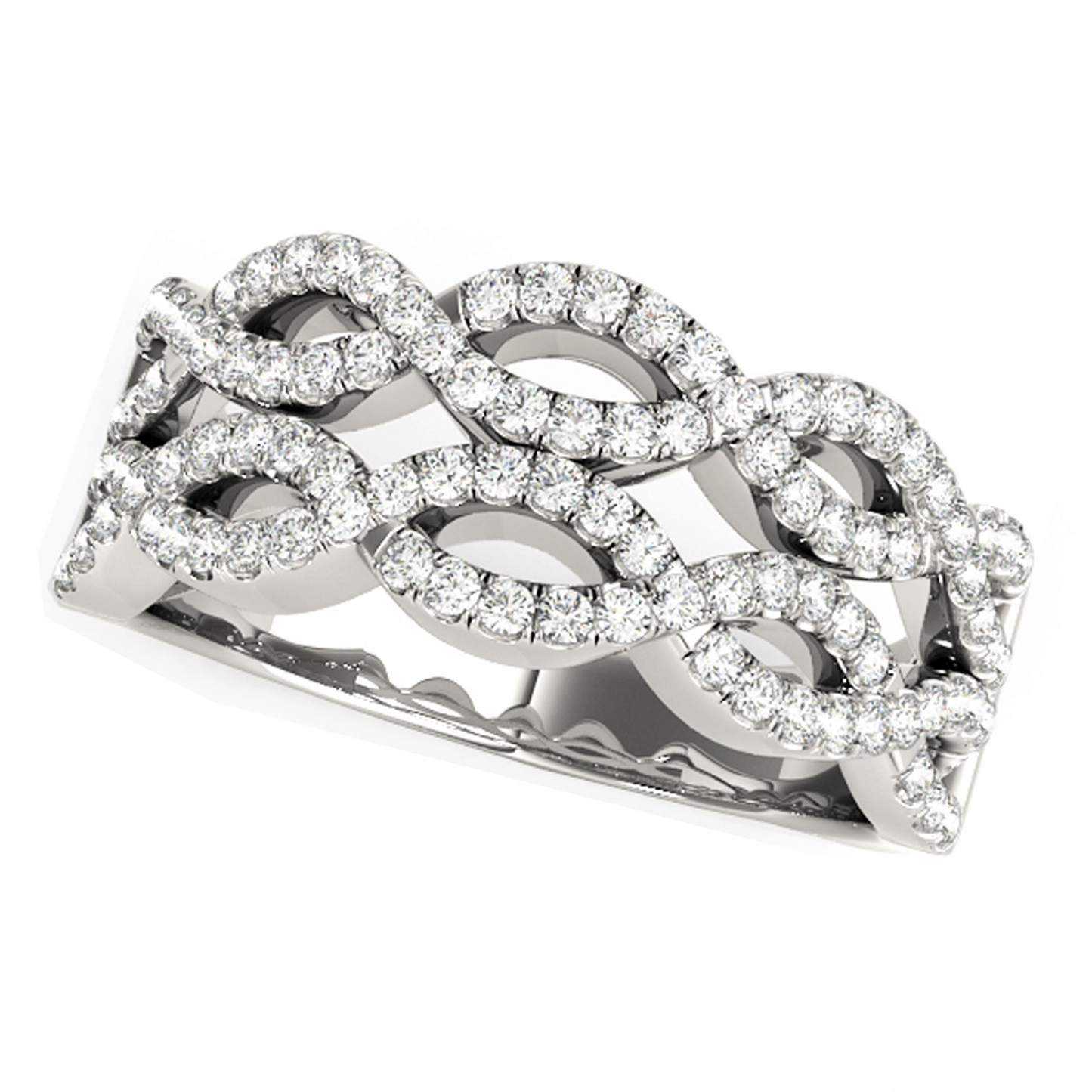 Diamond Studded Double Interlocking Waves Ring in 14k White Gold (5/8 cttw)