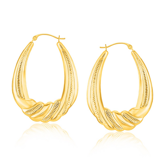 14k Yellow Gold Graduated Textured Oval Hoop Earrings - Elegant and Stylish