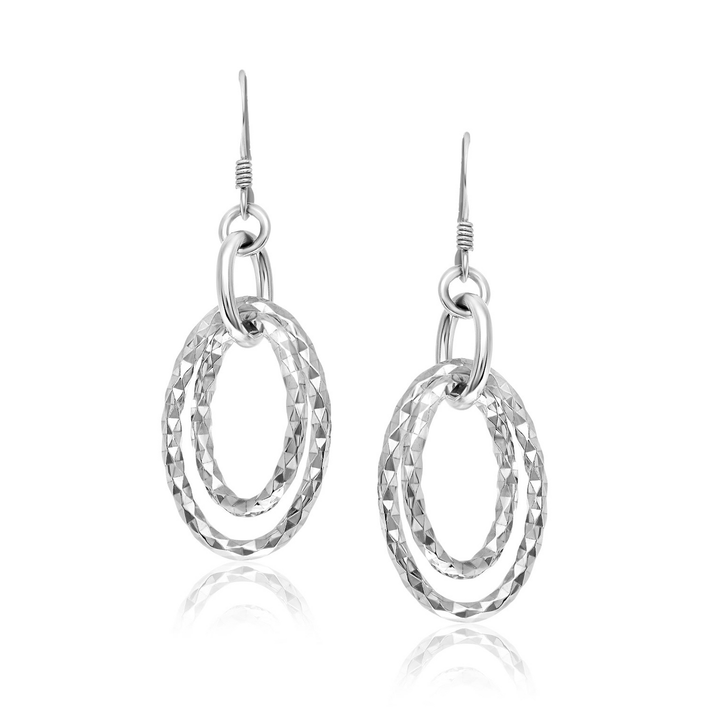 Sterling Silver Textured Dual Open Oval Style Dangling Earrings - Elegant Jewelry for a Sophisticated Look