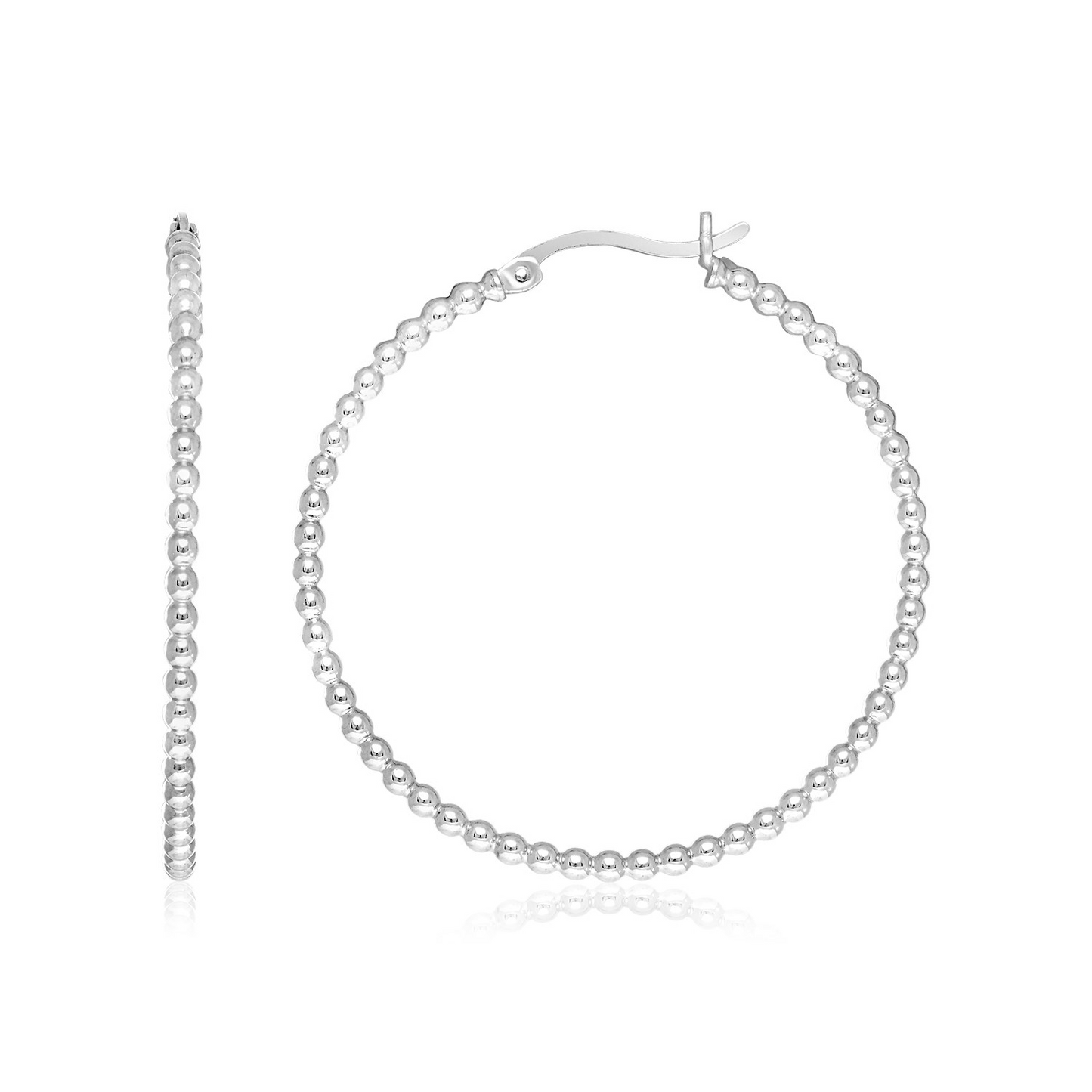 Sterling Silver Round Hoop Earrings with Beaded Texture - Elegant Jewelry for Women