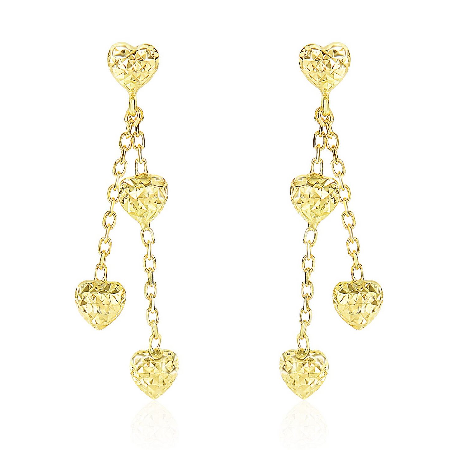 14k Yellow Gold Puffed Heart Diamond Cut Chain Dangling Earrings