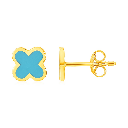 14k Yellow Gold and Enamel Blue Clover Stud Earrings