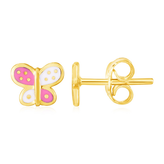 14k Yellow Gold and Enamel Pink and White Butterfly Stud Earrings - Exquisite Jewelry