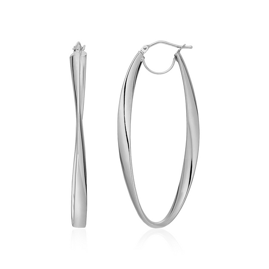 14k White Gold Twist Motif Oval Shape Hoop Earrings - Stylish and Elegant