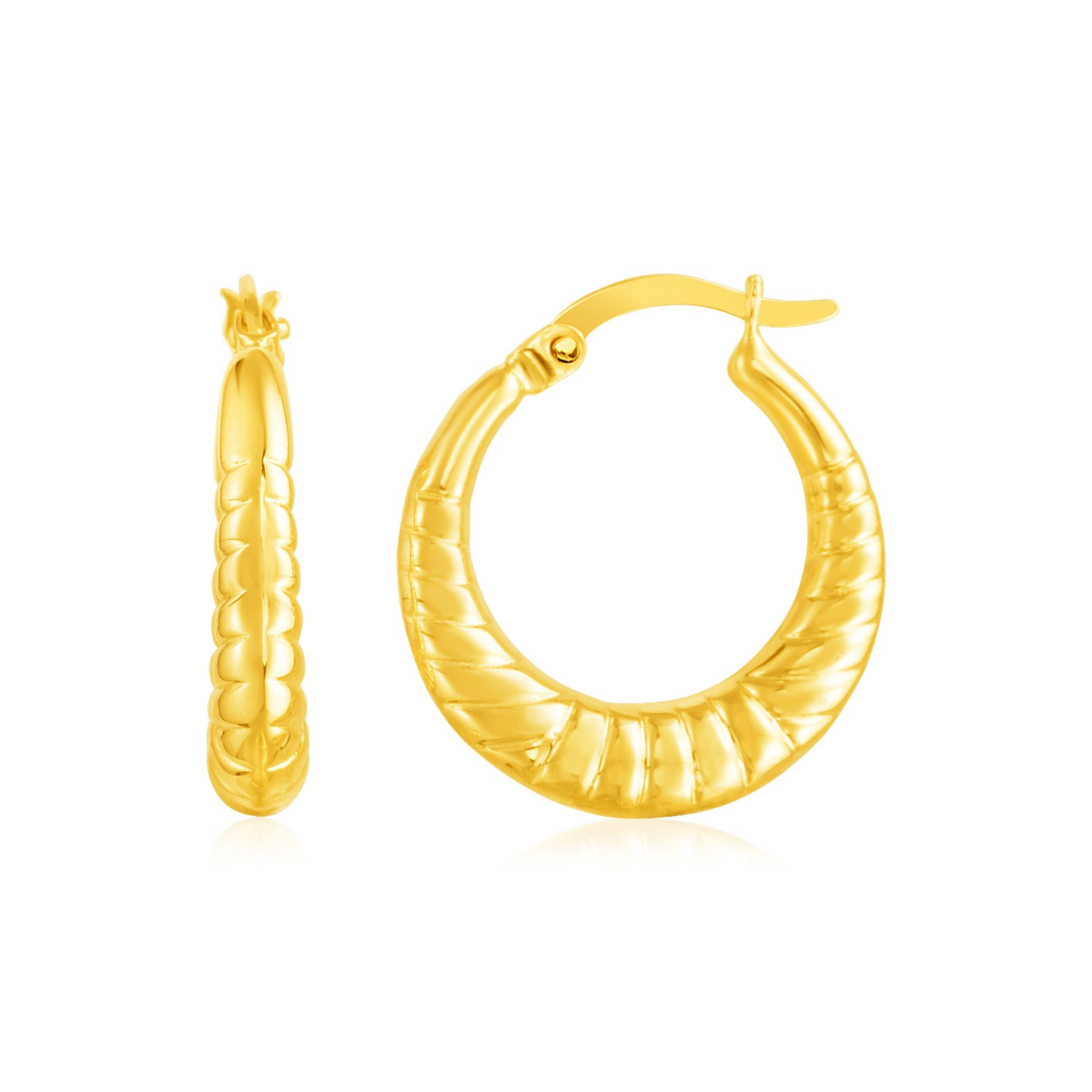 14k Yellow Gold Puffed and Scalloped Hoop Earrings - Elegant Fashion Accessories