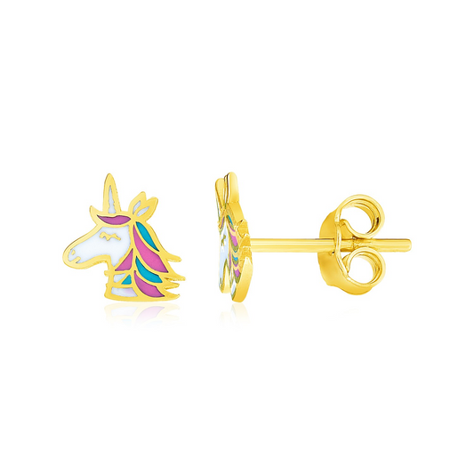 14k Yellow Gold Enameled Unicorn Children's Earrings | Magical Unicorn Jewelry