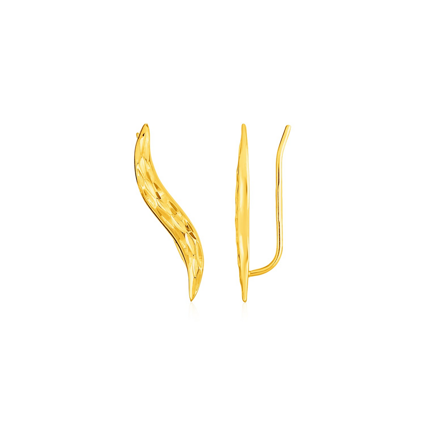 Textured Leaf Climber Earrings in 14k Yellow Gold - Trendy and Elegant