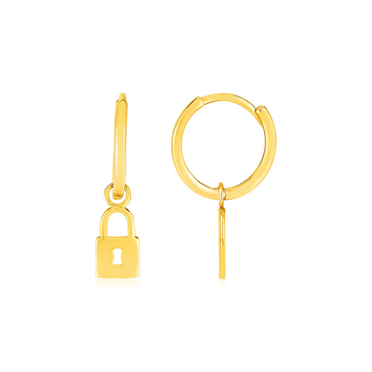 14k Yellow Gold Huggie Style Hoop Earrings with Padlock Drops - Stunning Design and Quality Craftsmanship