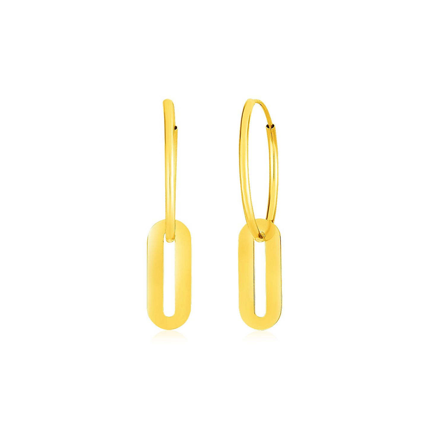 14k Yellow Gold Huggie Style Hoop Earrings with Paperclip Link Drops - Modern and Chic