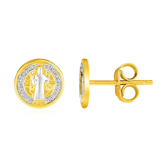 14k Two Tone Gold Round Religious Medal Post Earrings - Petite and Inspirational