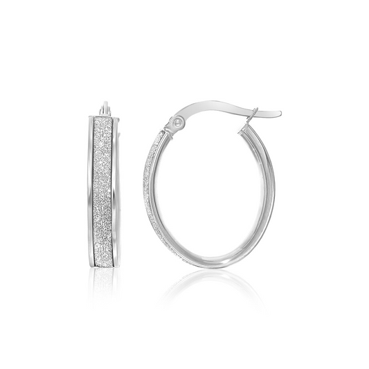 14k White Gold Glitter Center Oval Hoop Earrings - Elegant Jewelry