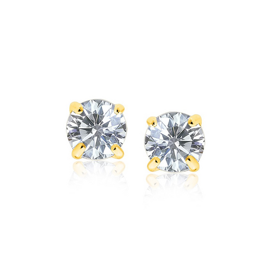 14k Yellow Gold Stud Earrings with White Hue Faceted Cubic Zirconia - Classic and Elegant Jewelry