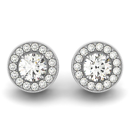 14k White Gold Round Diamond Halo Milgrain Border Earrings (3/4 cttw)