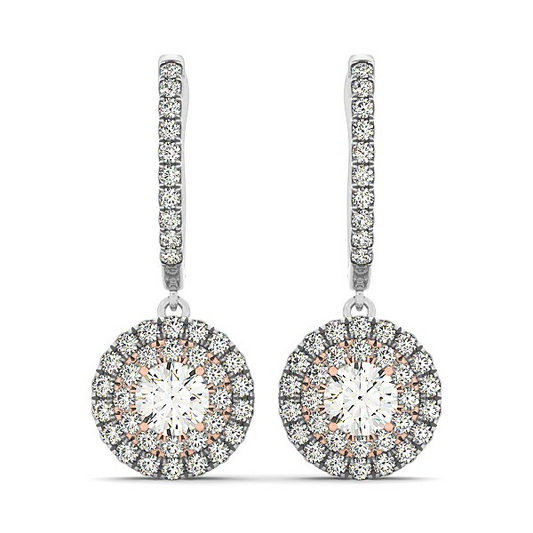 14k White And Rose Gold Drop Diamond Earrings with Halo Design (3/4 cttw)