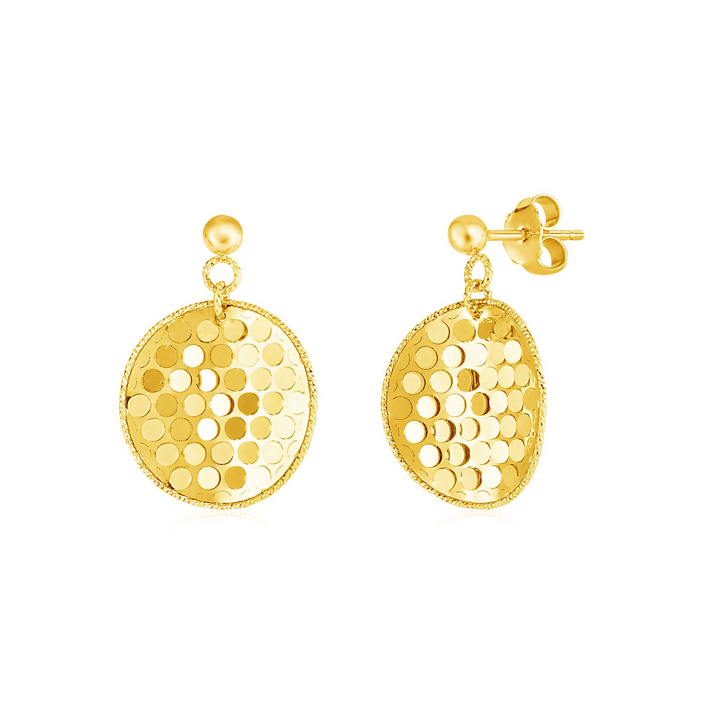 14k Yellow Gold Textured Round Drop Earrings | Unique Confetti-Like Texture | Light Reflecting | Pushback Clasps