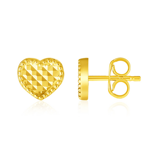 14k Yellow Gold Textured Heart Post Earrings - Elegant and Timeless