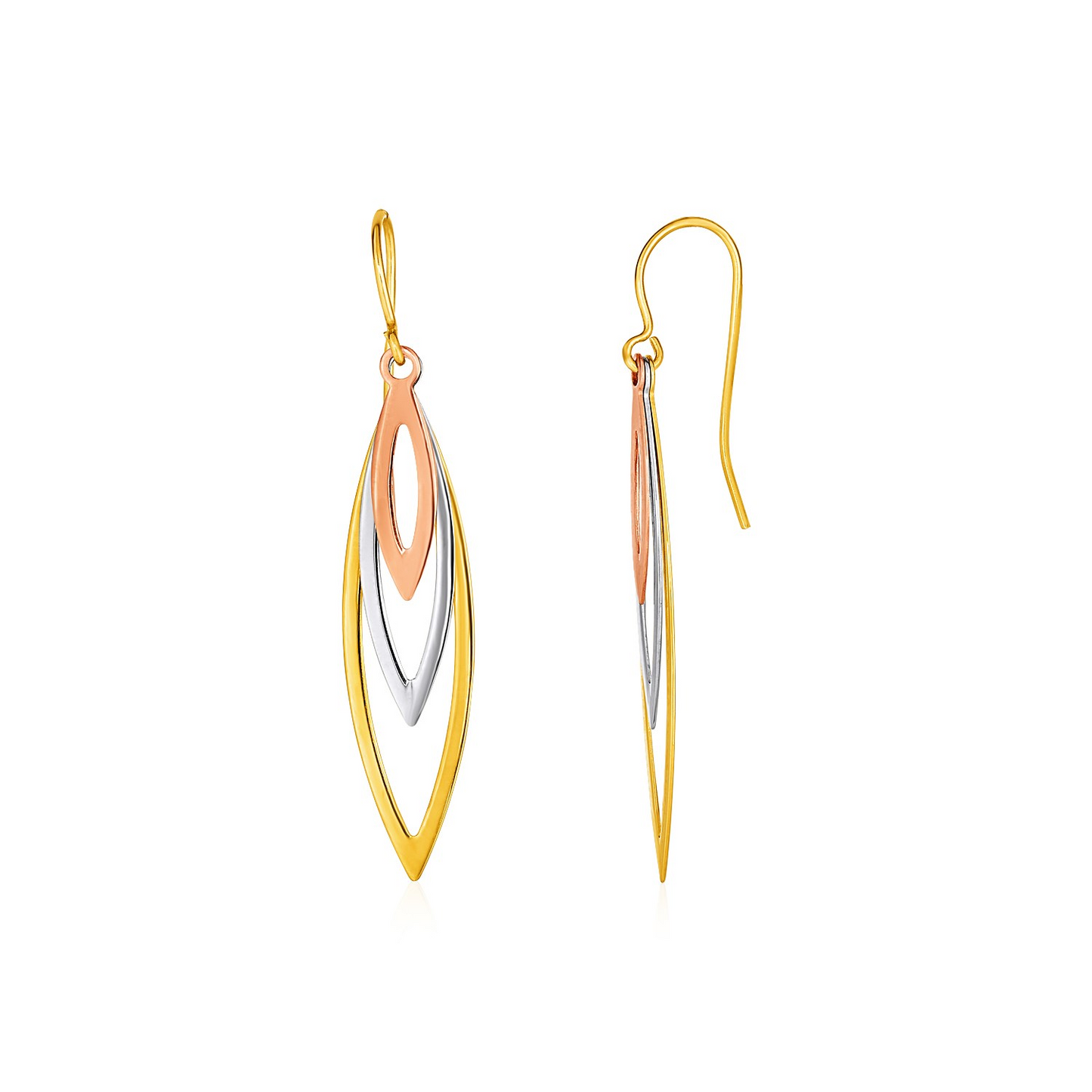 Tri-Tone Graduated Open Marquise Earrings in 10k Yellow, White, and Rose Gold